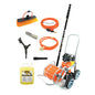 Collection of cleaning tools including a pressure washer, brush, hoses, and chemicals on a white background.