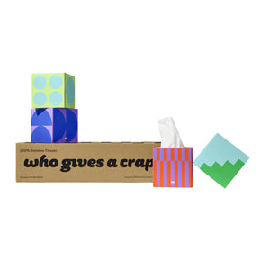 A set of colorful geometric tissue boxes on a white background. One brown cardboard box reads 'who gives a crap' with tissue packs emerging from the front, including one with vertical pink and orange stripes and another square pack with a blue and green mountain design.