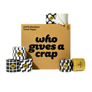 A box of toilet paper with several rolls arranged around it on a white background. The box is tan with black text reading '100% Bamboo Toilet Paper' and 'who gives a crap'.