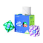 A box of toilet paper with two rolls displayed in front on a white background. The box is blue and green with the brand name 'who gives a crap' printed in white.