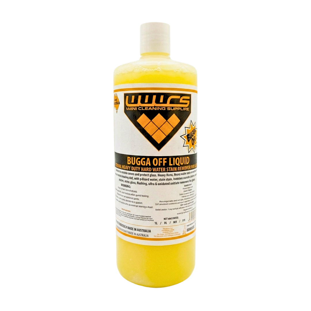 A bottle of WWCS Bugga Off Liquid bug remover, filled with yellow liquid, featuring a white cap and a white label with orange and black branding.