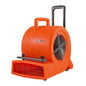 An orange industrial air blower with a wheeled base, carrying handle, and front grille, shown on a plain white background.