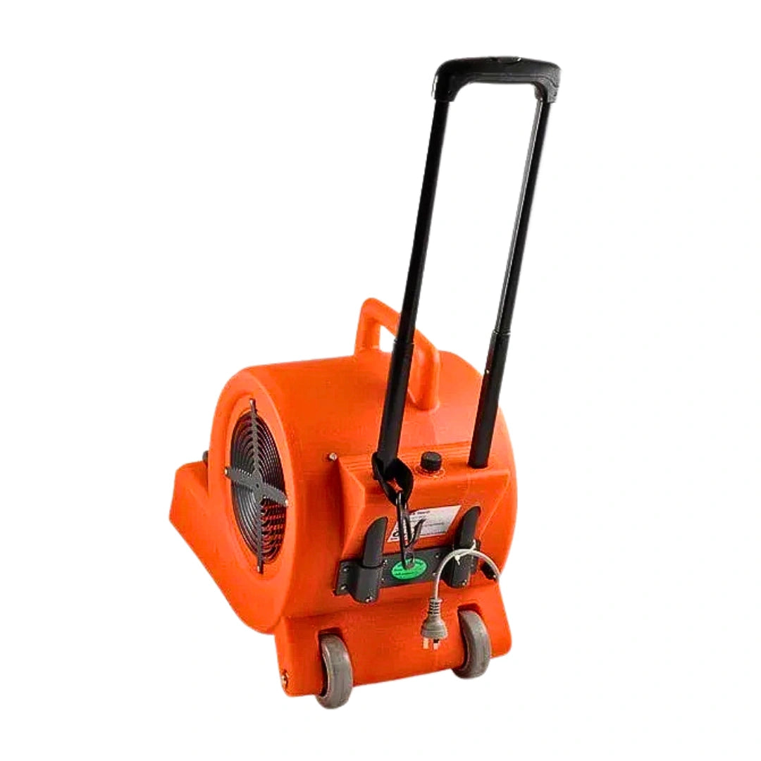 An orange industrial air blower with a black telescoping handle, gray wheels, and a power cord, shown on a plain white background.