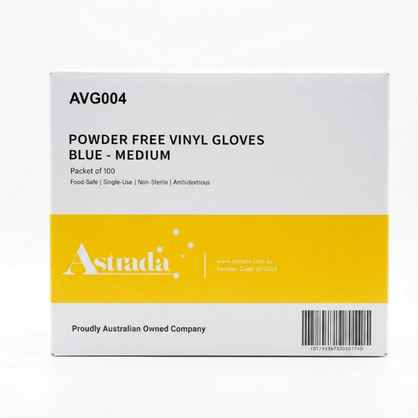A white rectangular product box for Astrada powder-free vinyl gloves, labeled AVG004, Blue - Medium, with a wide yellow band across the lower middle and a barcode on the right.