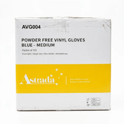 A white box of Astrada powder-free vinyl gloves, medium blue, with a yellow band across the lower half. The box shows the product code AVG004 and a packet size of 100.
