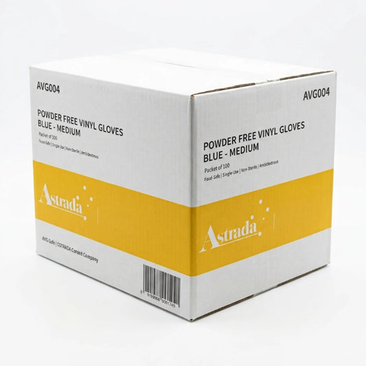 A white cardboard box of Astrada Powder Free Vinyl Gloves in Blue - Medium, featuring a bold yellow band with the Astrada logo on the front and side.