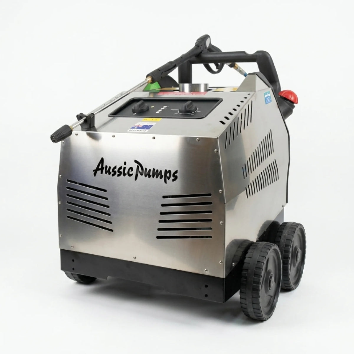 A stainless steel and black wheeled industrial machine with the brand name 'Aussie Pumps' printed on the front, photographed on a clean white studio background.