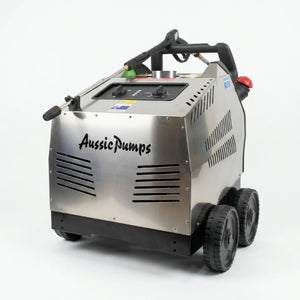 A stainless steel and black wheeled industrial machine with the brand name 'Aussie Pumps' printed on the front, photographed on a clean white studio background.