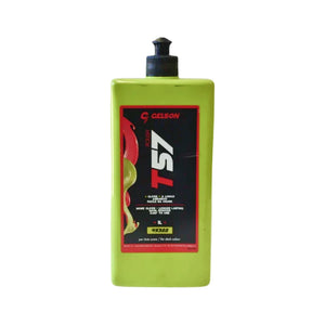 A bottle of Gelson T57 Foam Dishwashing Agent in lime green with a black pump dispenser and a black label featuring red and white text.