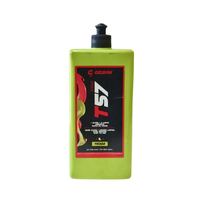 A bottle of Gelson T57 Foam Dishwashing Agent in lime green with a black pump dispenser and a black label featuring red and white text.