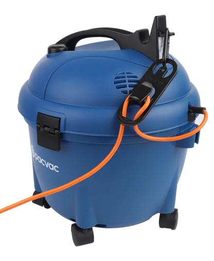 Cleaner using Pacvac Glide canister vacuum in commercial space