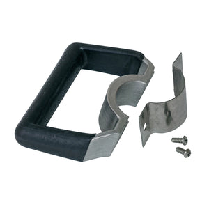 A metal handlebar clamp kit with a black rubber handlebar grip insert, a curved metal clamp, a mounting bracket, and two small screws, shown on a plain white background.