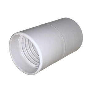 A white plastic threaded pipe connector fitting, shown at an angle on a plain white background.
