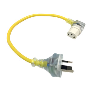 A yellow electrical adapter cable with a clear plastic plug cover and a white three-pin outlet connector on one end, and a two-pin plug connector on the other, shown on a white background.