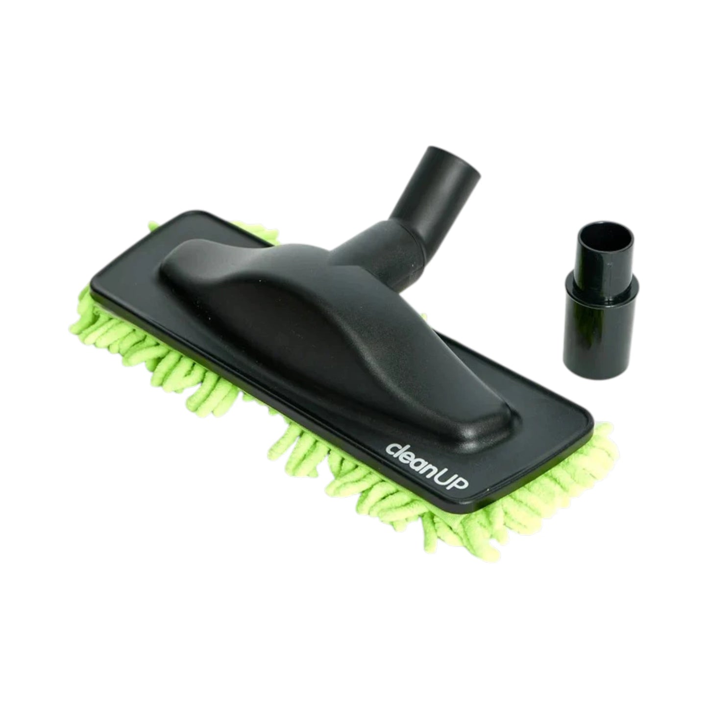A black vacuum cleaner microfiber mop head with bright green microfiber edges, shown with its black adapter nozzle on a plain white background. The brand name 'cleanUP' is printed in white on the black plastic frame.