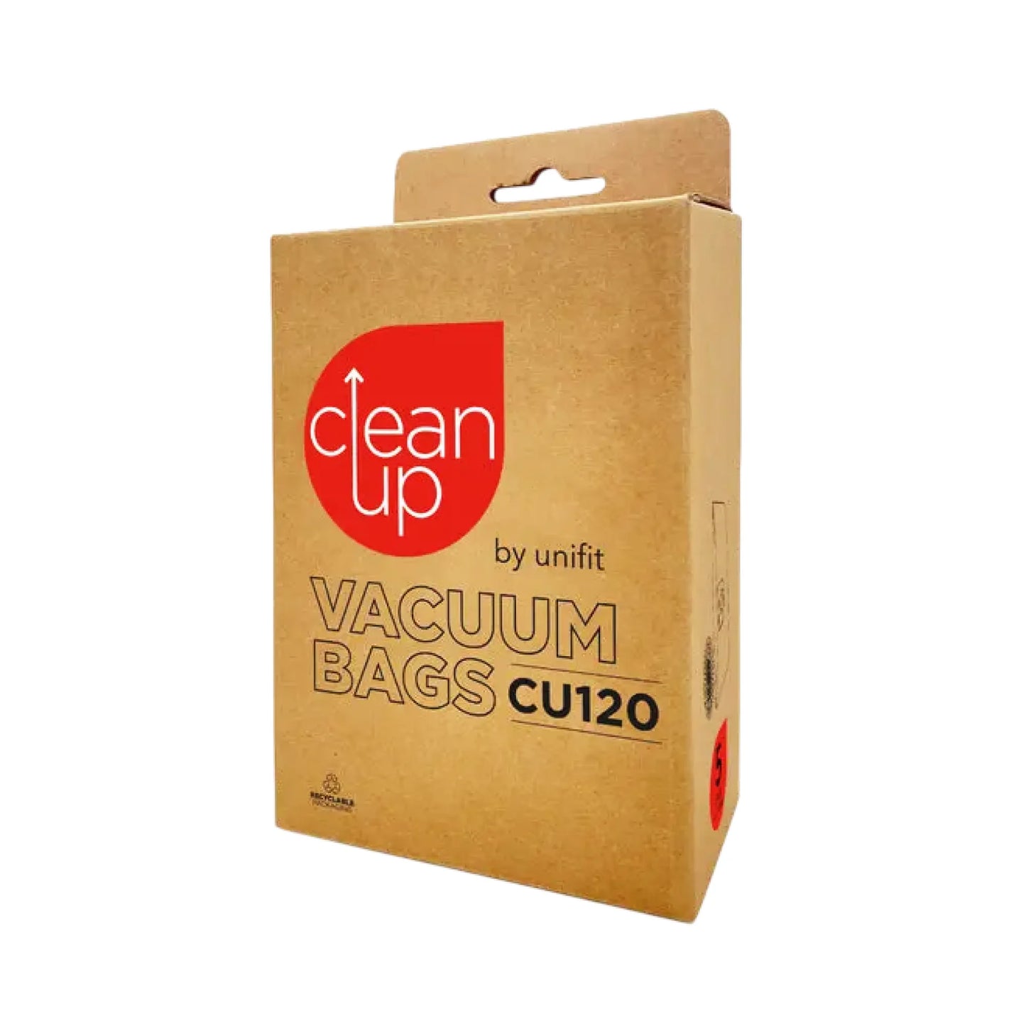 A brown kraft paper box of unifit Clean Up Vacuum Bags CU120, featuring a red circular logo and black text, set against a plain white background.