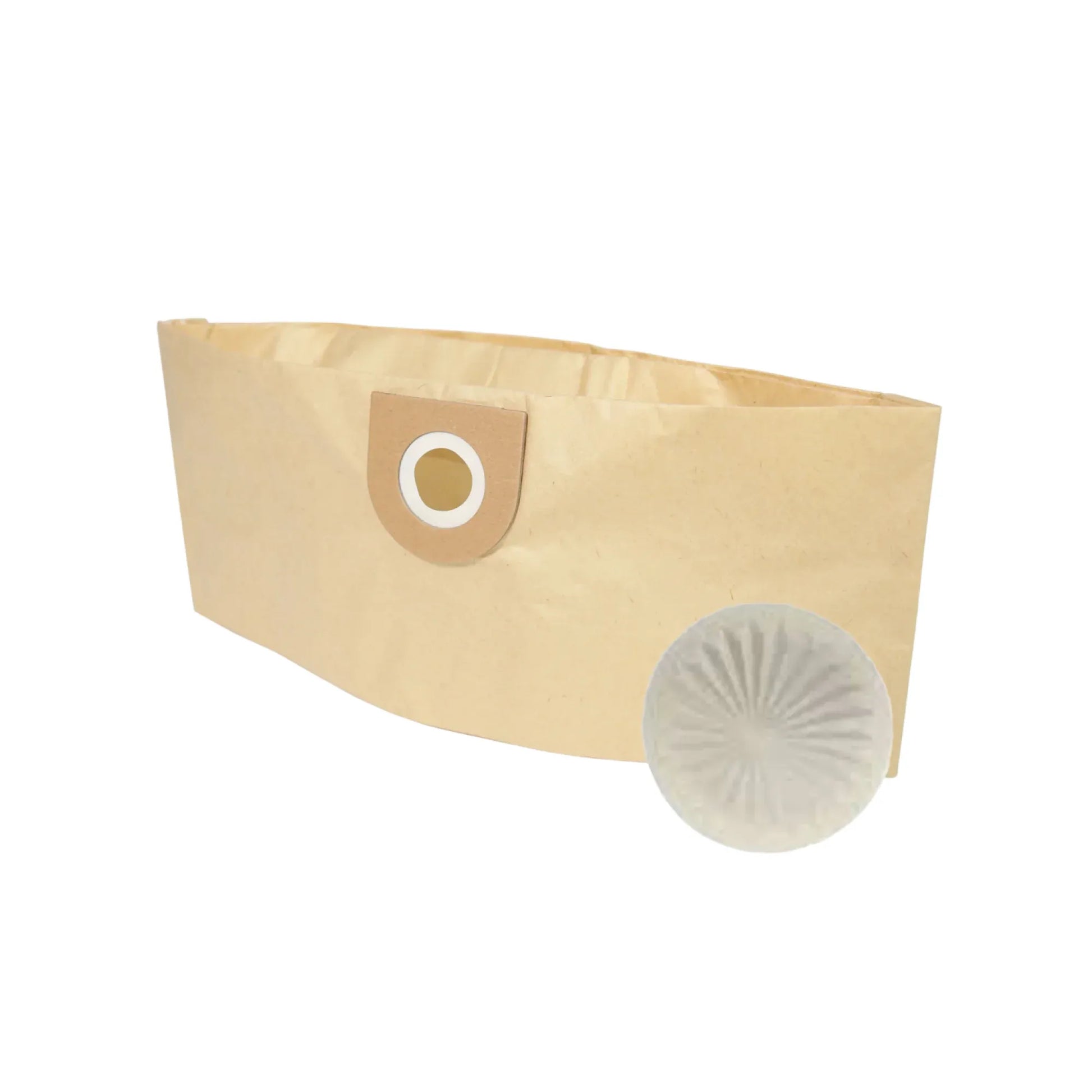 A beige paper vacuum dust bag with a brown filter patch and a clear pleated filter element, shown on a plain white background.