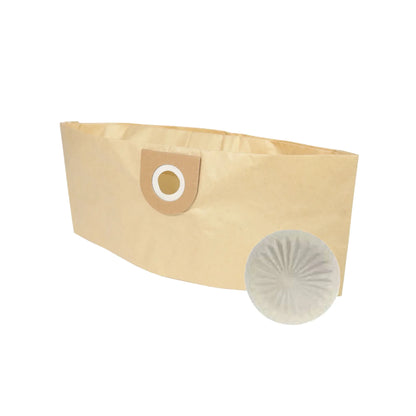 A beige paper vacuum dust bag with a brown filter patch and a clear pleated filter element, shown on a plain white background.