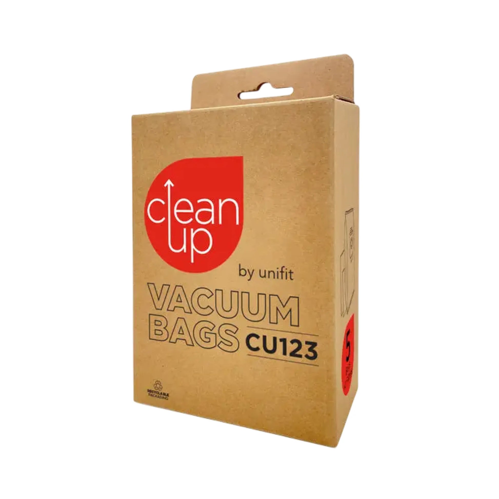 A brown kraft paper box of Clean Up by unifit Vacuum Bags CU123, featuring a red circular logo and product details on a plain white background.