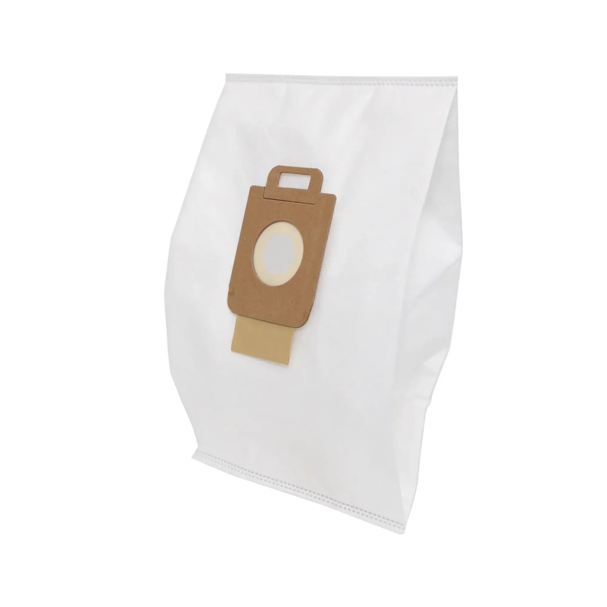 A white vacuum cleaner dust bag with a brown paper filter collar, shown on a plain white background.