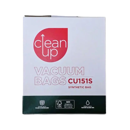 A box of Clean Up Vacuum Bags CU151S synthetic bags, featuring a white and red design with a dark green bottom strip containing product icons.