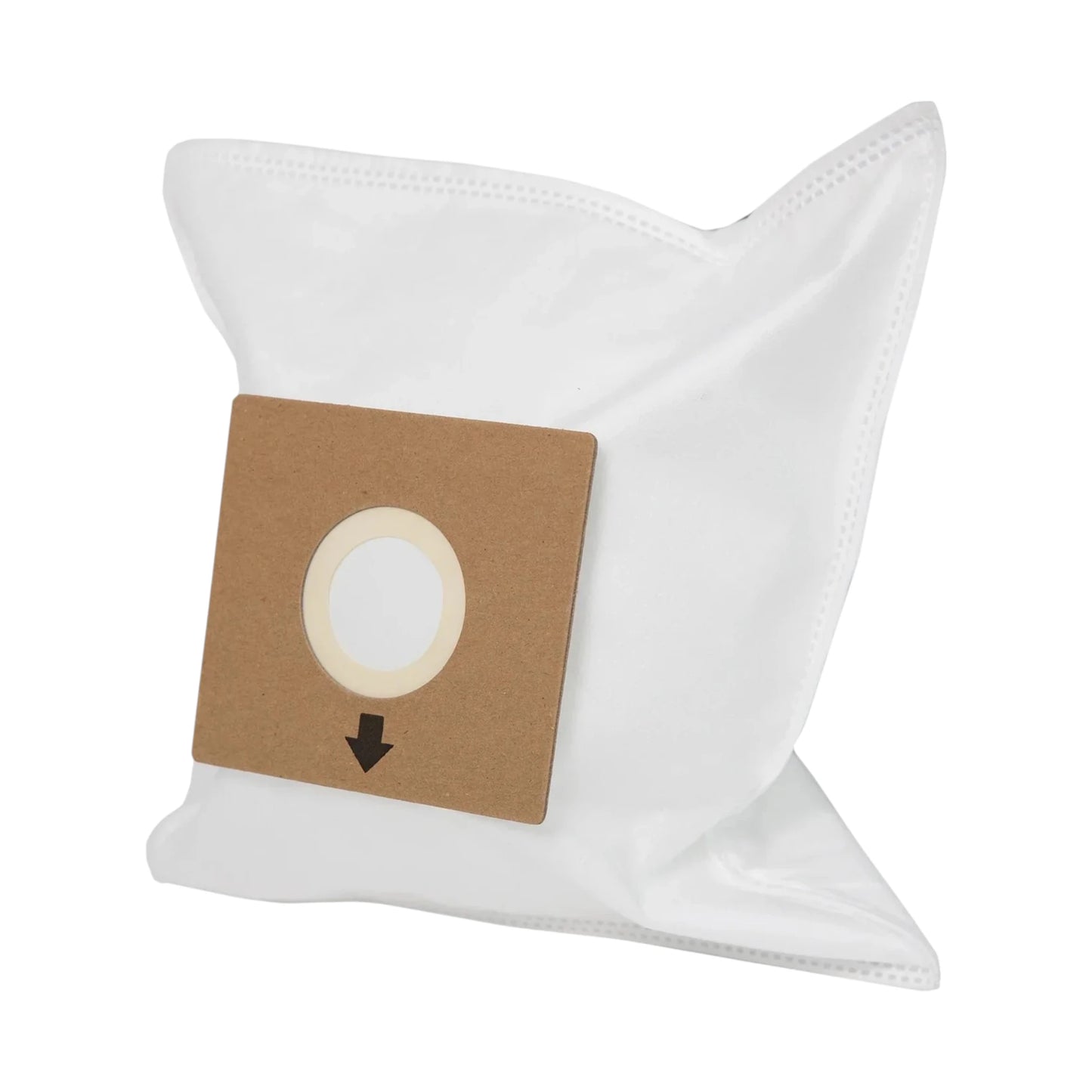 A white disposable vacuum cleaner dust bag with a brown cardboard filter insert featuring a circular opening and a black arrow pointing downwards.