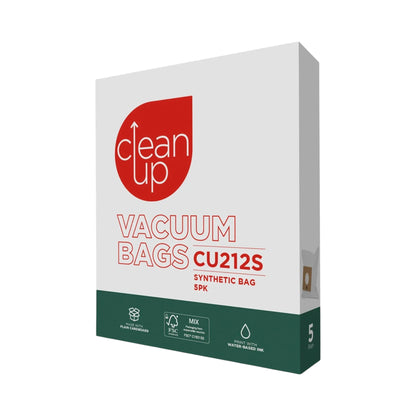 A box of Clean Up Vacuum Bags CU212S Synthetic Bag 5PK, featuring a white and dark green packaging design with a red logo.