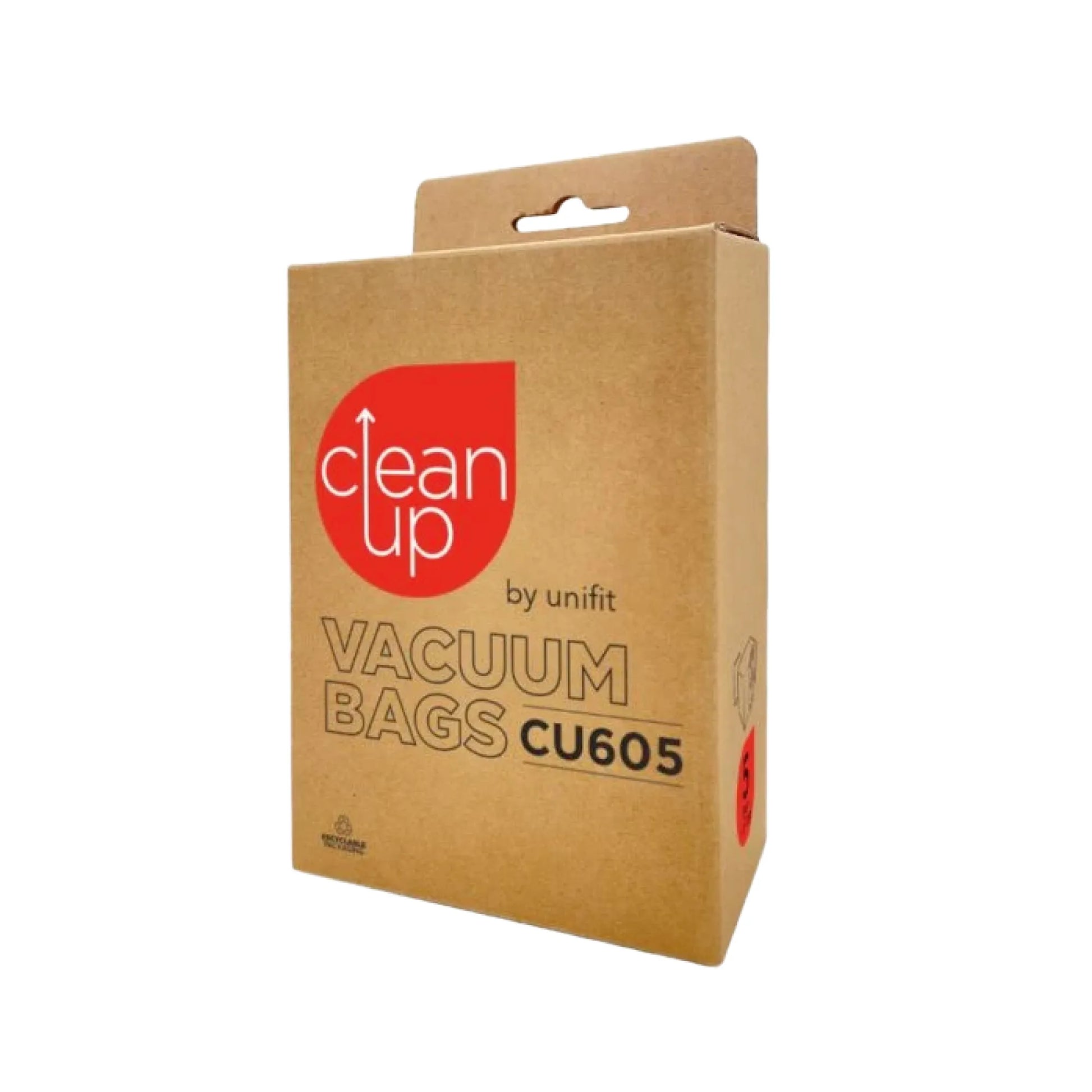 A brown kraft paper box of Clean Up by unifit Vacuum Bags CU605, featuring a red circular logo and black text, set against a plain white background.
