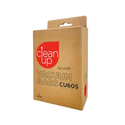 A brown kraft paper box of Clean Up by unifit Vacuum Bags CU605, featuring a red circular logo and black text, set against a plain white background.