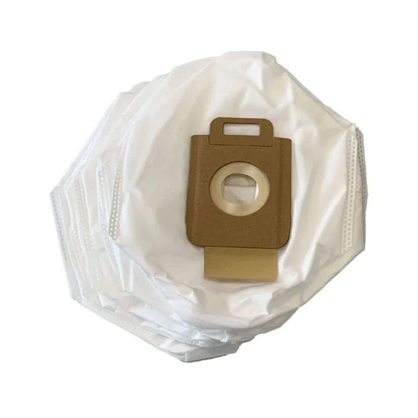 A stack of white disposable vacuum cleaner dust bags with brown paper filter hoods, shown on a plain white background.