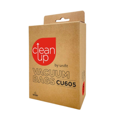 A brown cardboard box of unifit Clean Up Vacuum Bags CU605, featuring a red circular logo with white text on the front, set against a plain white background.