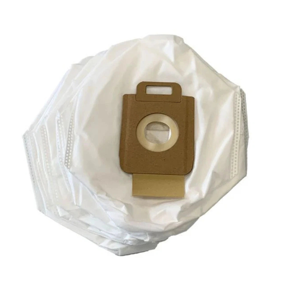 A stack of white disposable vacuum cleaner dust bags with brown paper filter necks, shown on a plain white background.