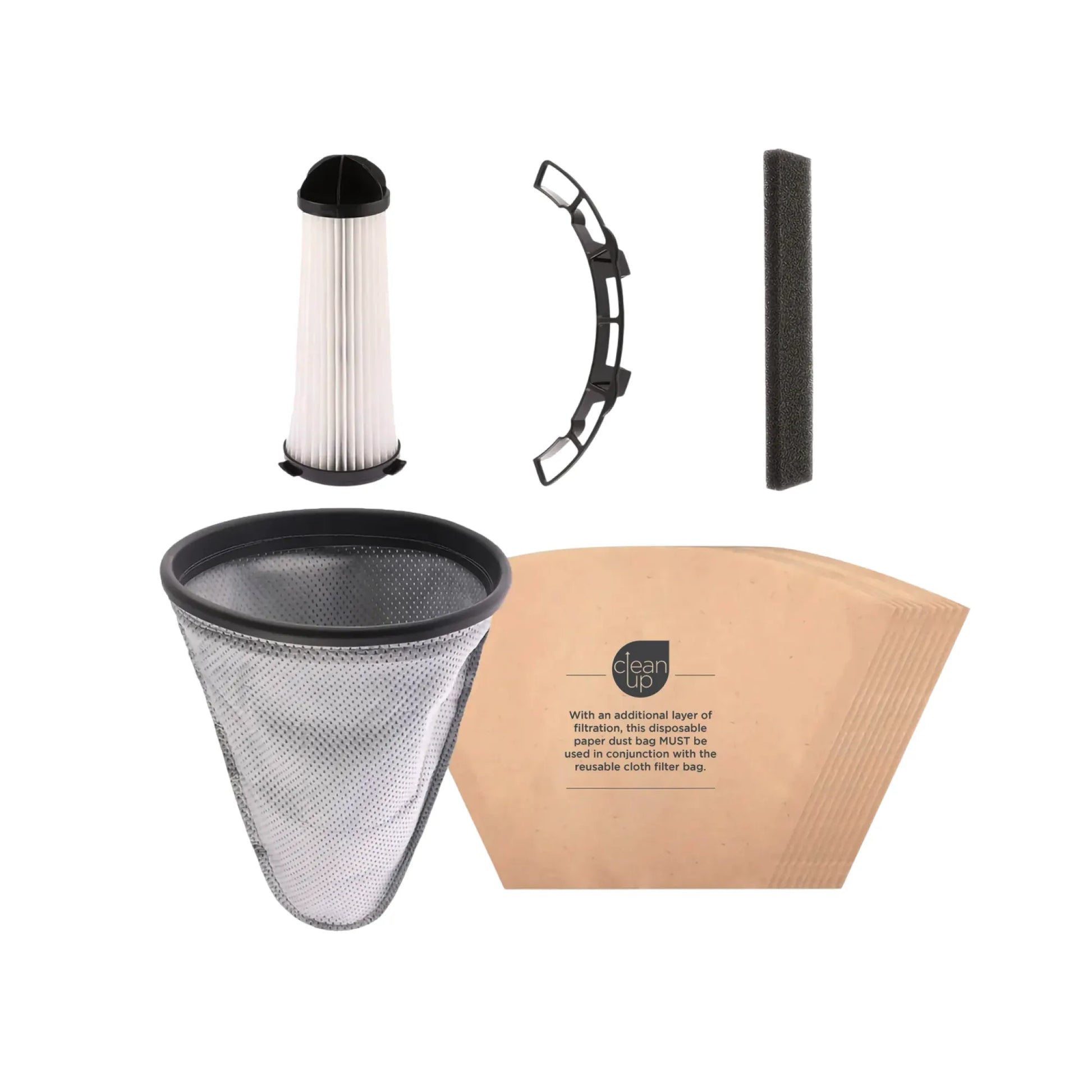 Vacuum filter replacement kit including a pleated white and black filter cartridge, a curved black support clip, a rectangular black filter element, a mesh cone filter, and a kraft paper bag on a white background.