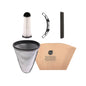 Vacuum filter replacement kit including a pleated white and black filter cartridge, a curved black support clip, a rectangular black filter element, a mesh cone filter, and a kraft paper bag on a white background.