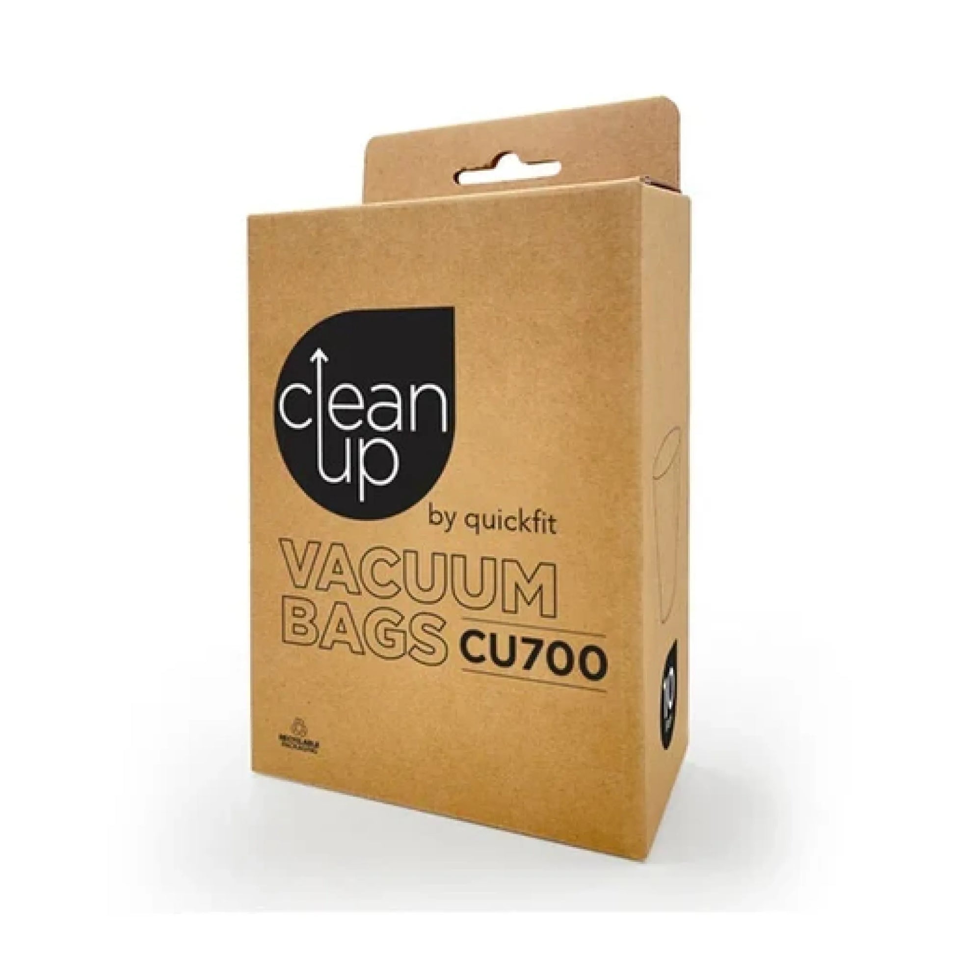 A brown kraft paper box of Quickfit Clean Up Vacuum Bags CU700, shown at a three-quarter angle on a white background.