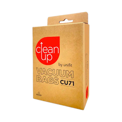 A brown kraft paper box of Clean Up by unifix Vacuum Bags CU71, featuring a red logo and black text, set against a plain white background.