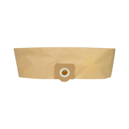 A single beige paper vacuum filter bag with a brown cardboard insert and a white ring around a metal grommet, shown against a plain white background.