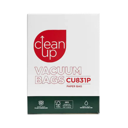 A package of Clean Up Vacuum Bags CU831P paper bags, featuring a white box with a red logo and a dark green band at the bottom.