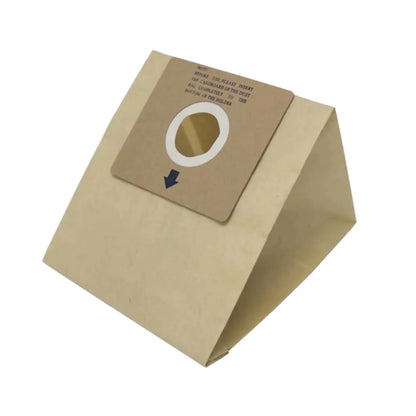 A brown kraft paper vacuum bag with a cardboard insert collar featuring a circular opening, printed instructions, and a blue arrow, shown on a plain white background.