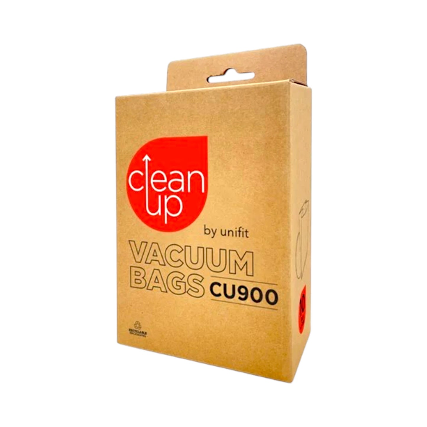 A brown kraft paper box of Clean Up by unift Vacuum Bags CU900, featuring a red circular logo and black text, set against a plain white background.