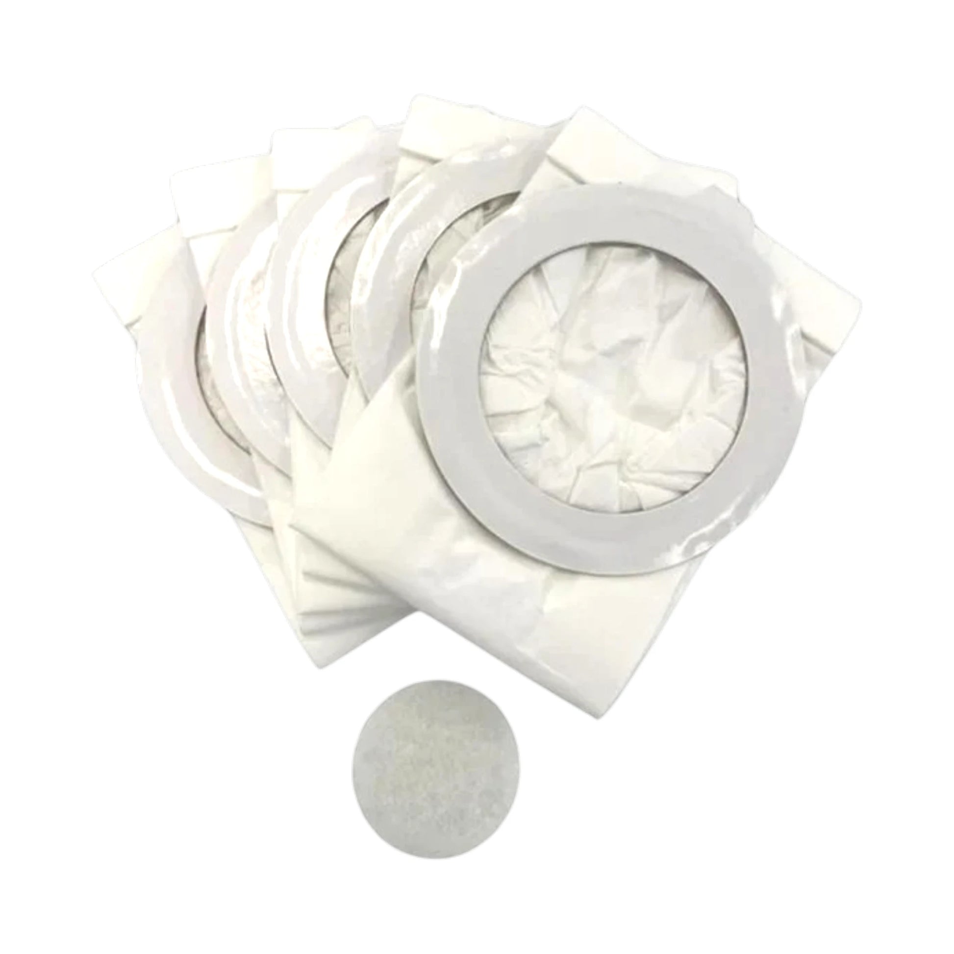 Four white vacuum cleaner dust bags with circular clear plastic hems and one loose round filter element, shown on a plain white background.