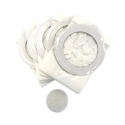Four white vacuum cleaner dust bags with circular clear plastic hems and one loose round filter element, shown on a plain white background.