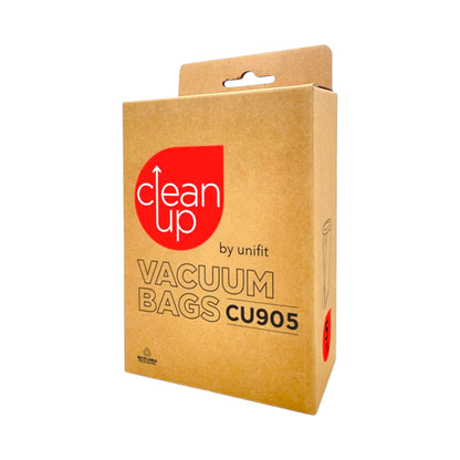 A brown kraft paper box of Clean Up by unift Vacuum Bags CU905, featuring a red circular logo with white text on the front, set against a plain white background.