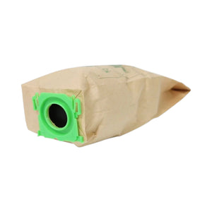 A brown kraft paper vacuum cleaner bag with a bright green plastic filter connector, shown on a plain white background.