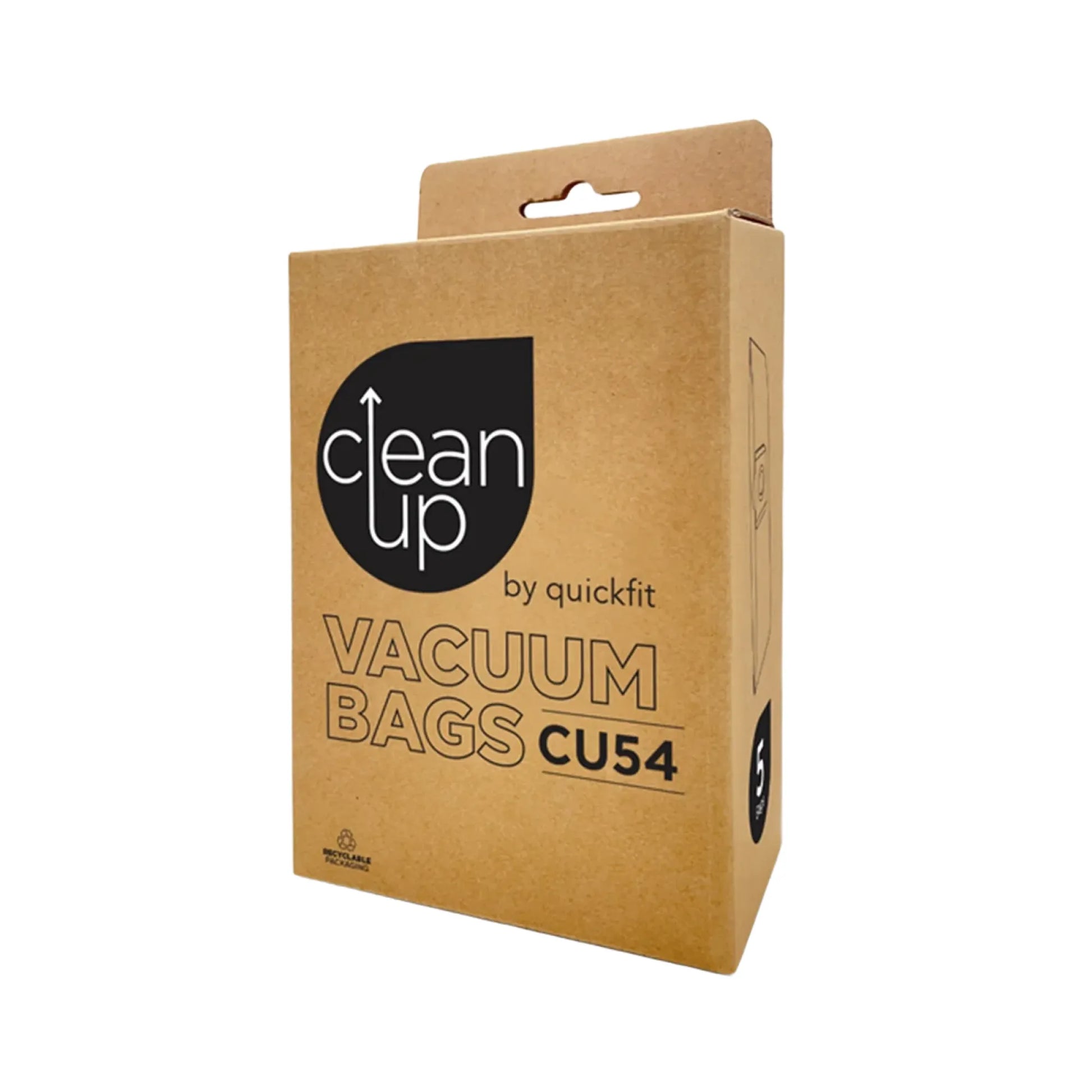 A brown cardboard box of Quickfit Clean Up Vacuum Bags CU54, featuring a black circular logo and product text, shown on a plain white background.