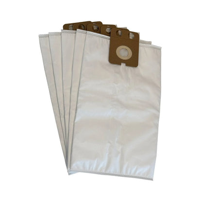 Four white plastic vacuum cleaner bags with brown cardboard filter attachments, fanned out on a plain white background.