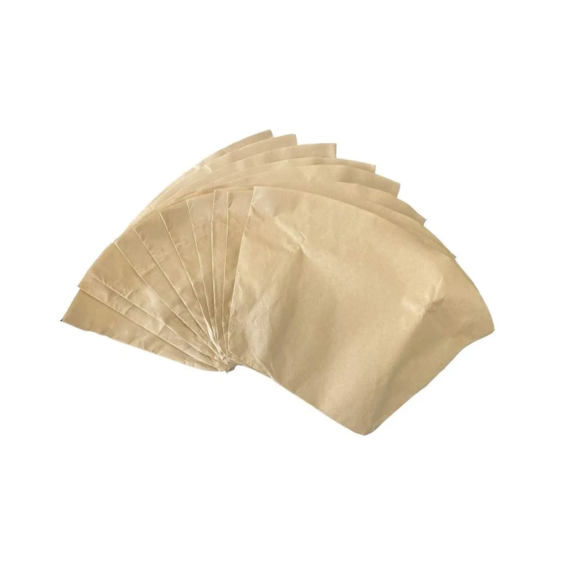 A fan of plain beige paper filter bags on a solid white background.