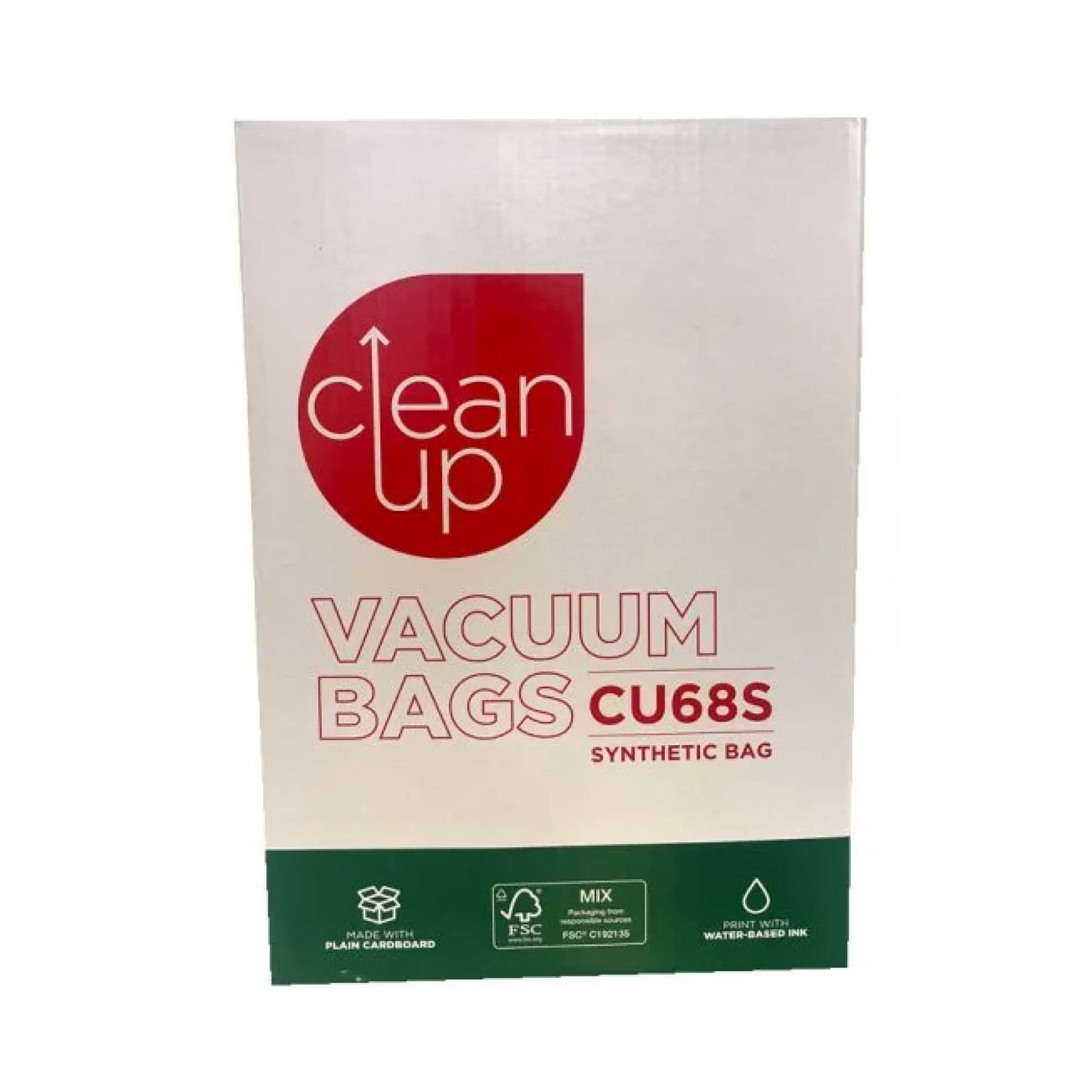 A package of Clean Up Vacuum Bags CU68S synthetic bags, featuring a white box with a red circular logo and a dark green band at the bottom.