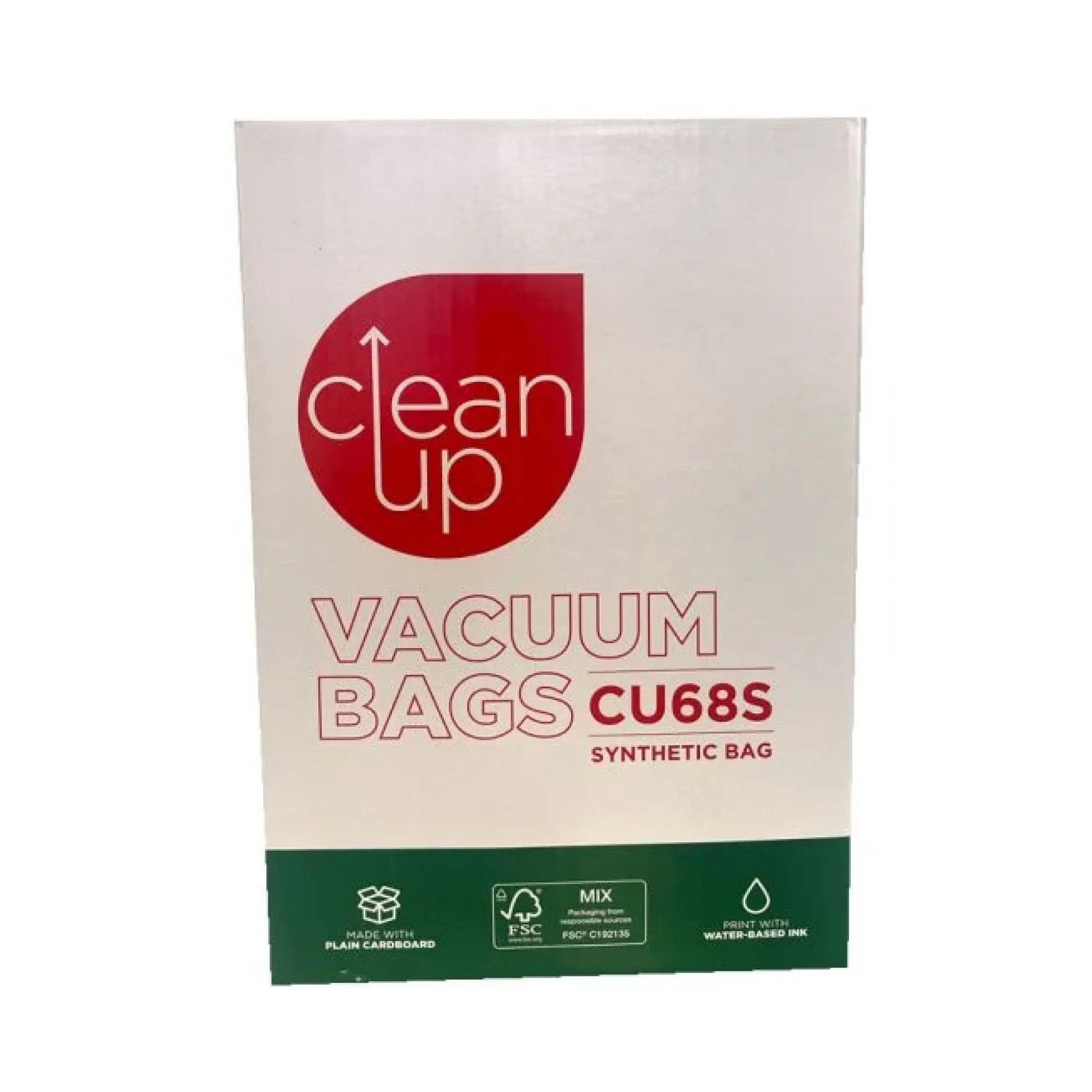 A package of Clean Up Vacuum Bags CU68S synthetic bags, featuring a white box with a red circular logo and a dark green band at the bottom.