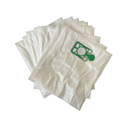 A stack of white plastic vacuum cleaner replacement bags with a green filter insert, shown on a plain white background.